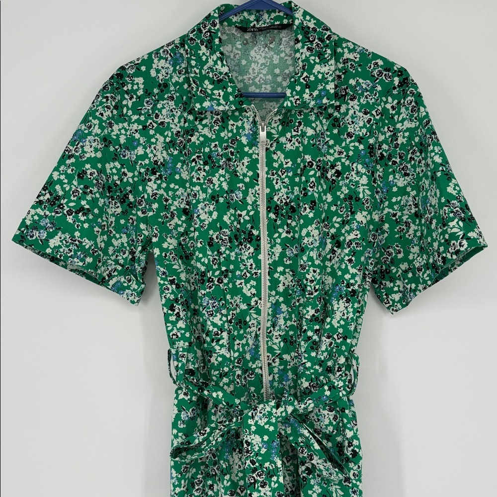 Zara Green Floral Zip Front Jumpsuit Size Medium | Boilersuit Cottagecore Y2K - Picture 5 of 9